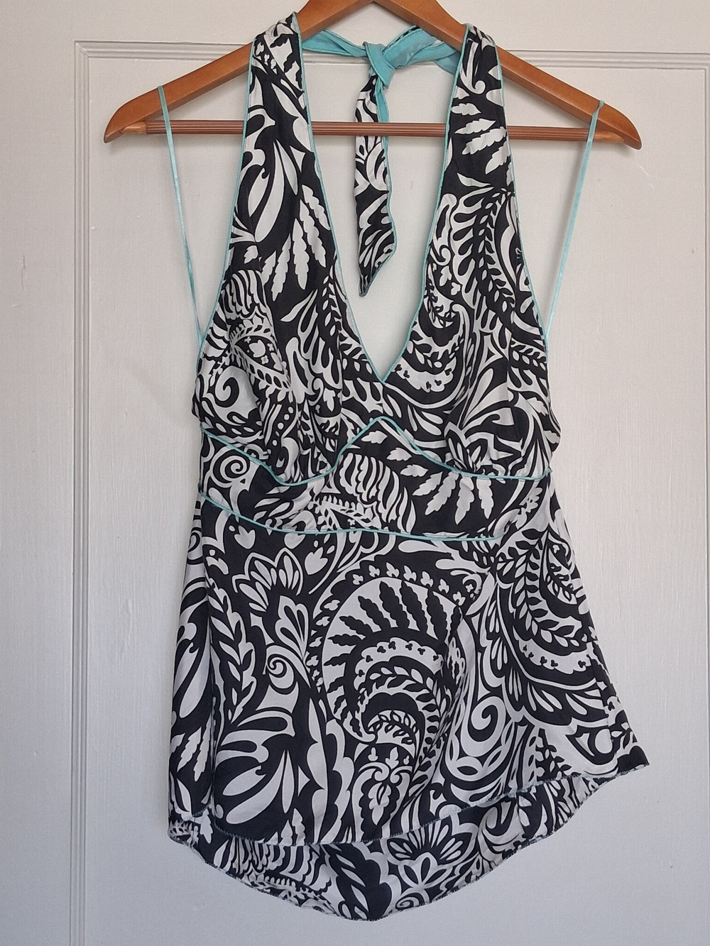 THE LIMITED Halter Top L Silk Black White Floral Turquoise Trim